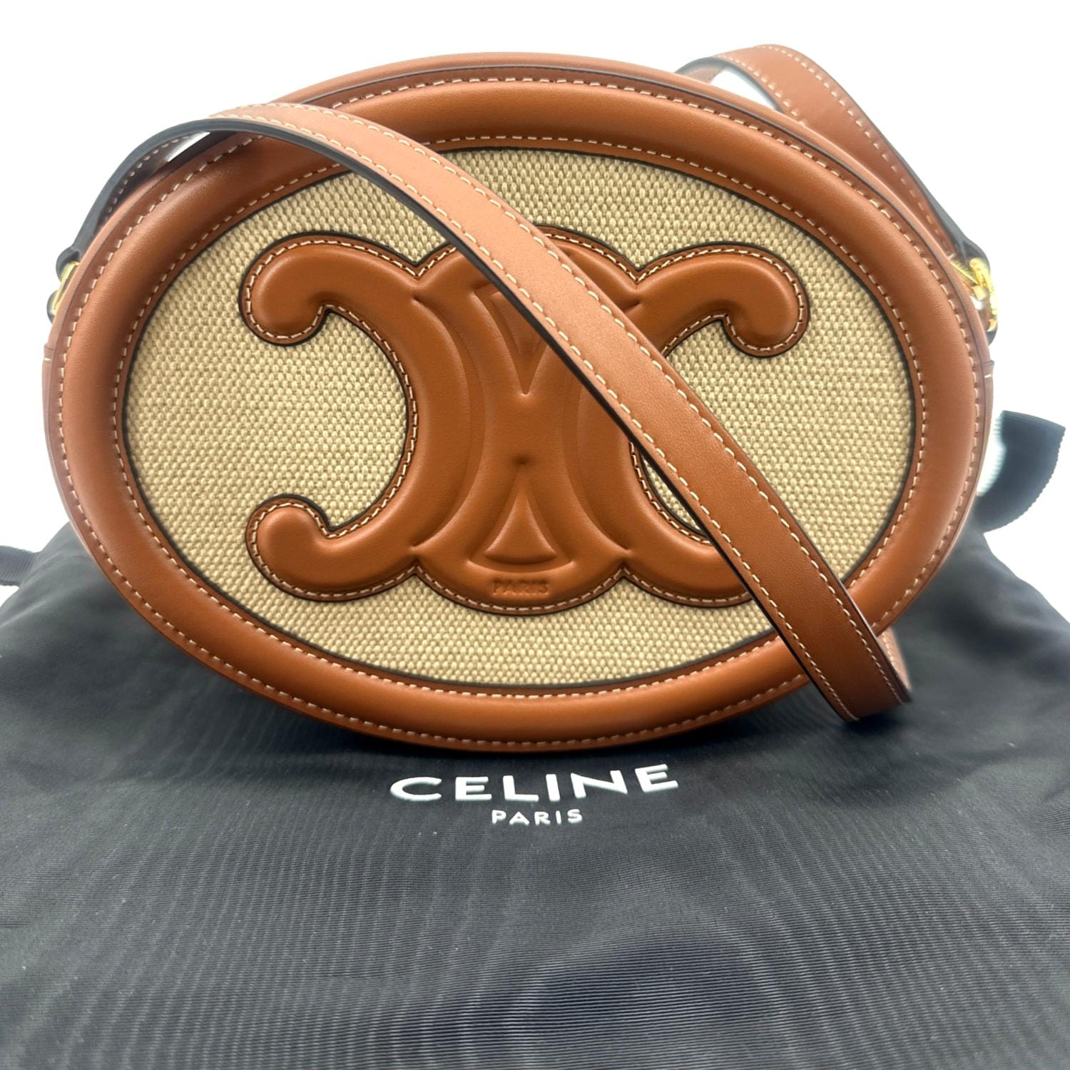 Triomphe Oval Calfskin Shoulder Bag Leather Tan