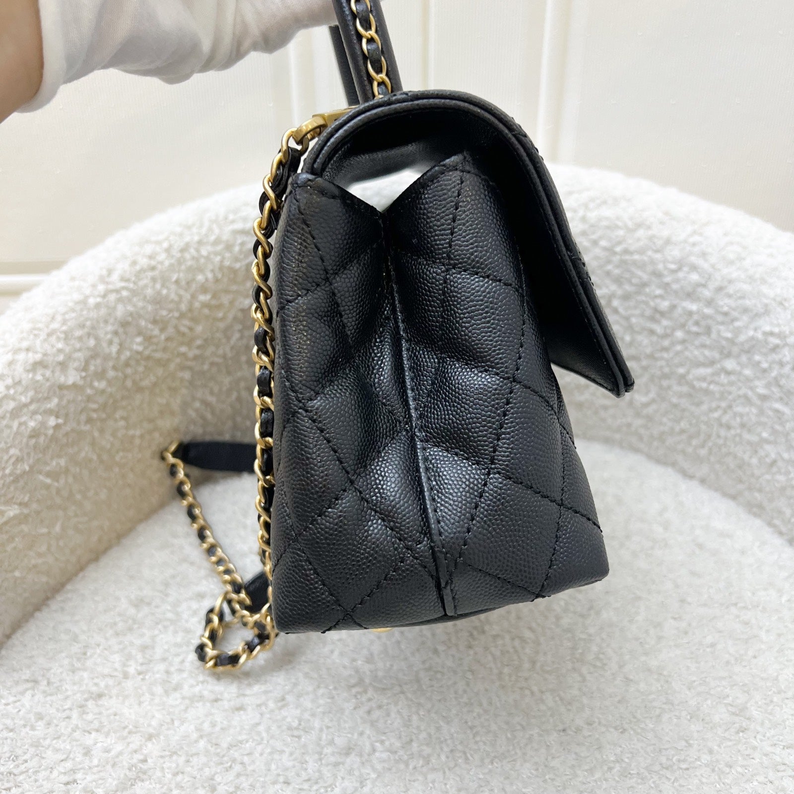 Chanel Small (24CM) Limited Edition Chain Handle Coco Handle Flap In Black Caviar And Aghw (model: A92990) Bag