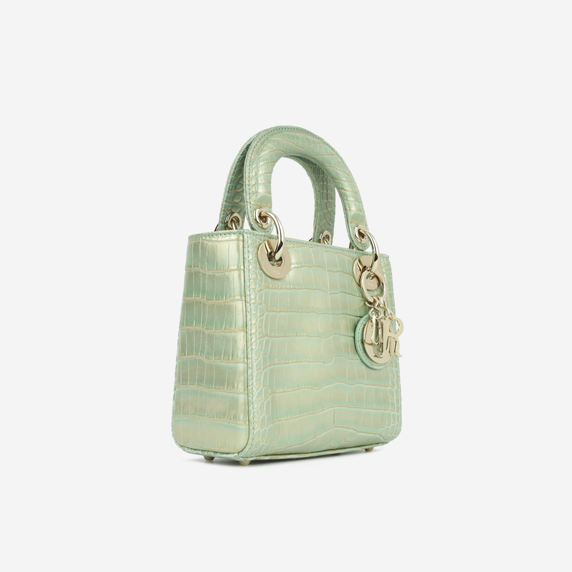 Dior Christian Lady Crocodile Crossbody Bag Green Gold Mini