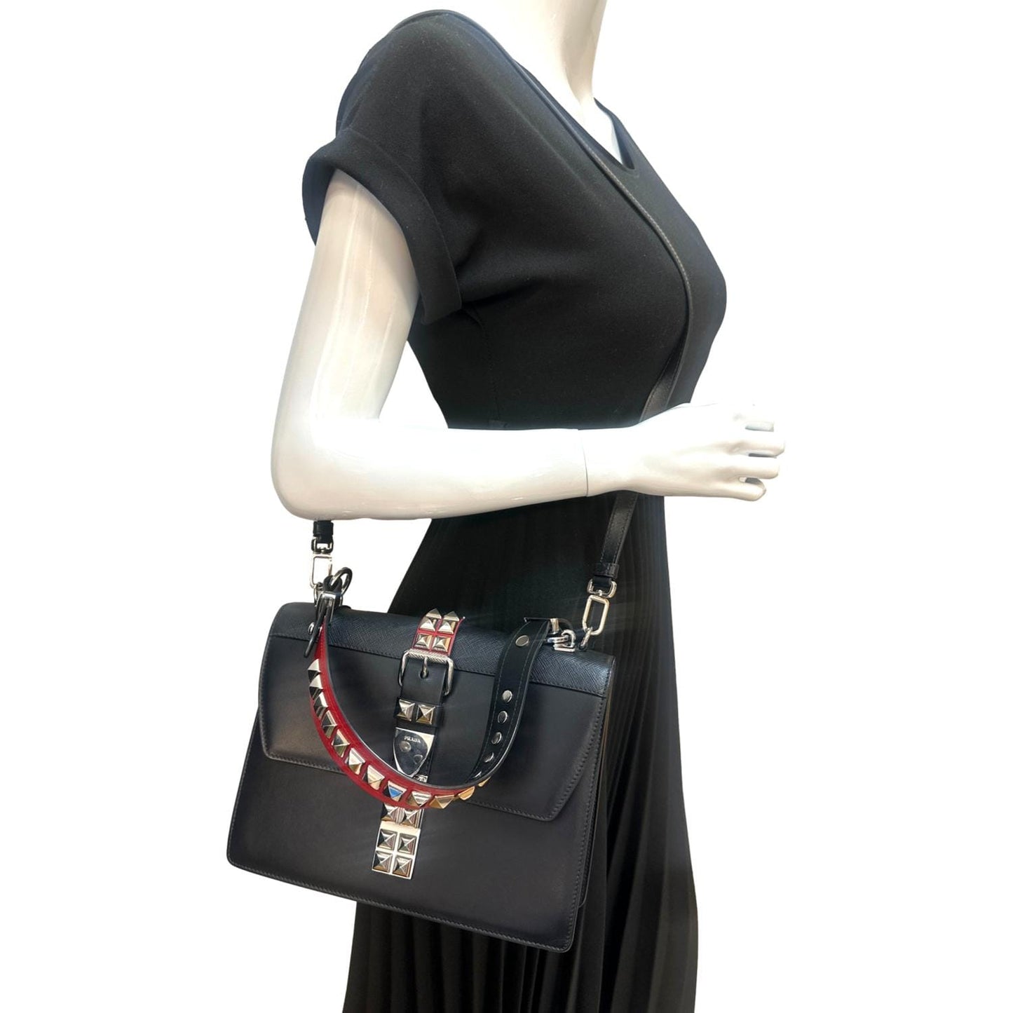 Prada Elektra Calf Shoulder Bag Leather Saffiano Black