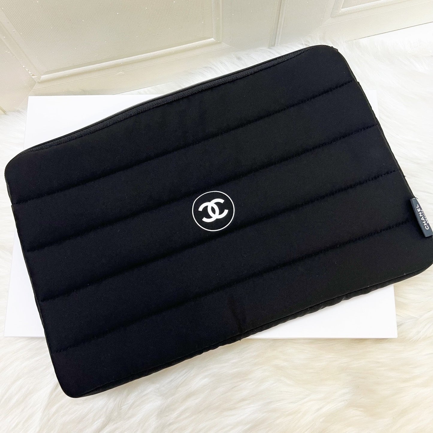 Chanel Beaute Vip Gift Laptop Sleeve with White Logo in Black Recycled Polyester Handbag