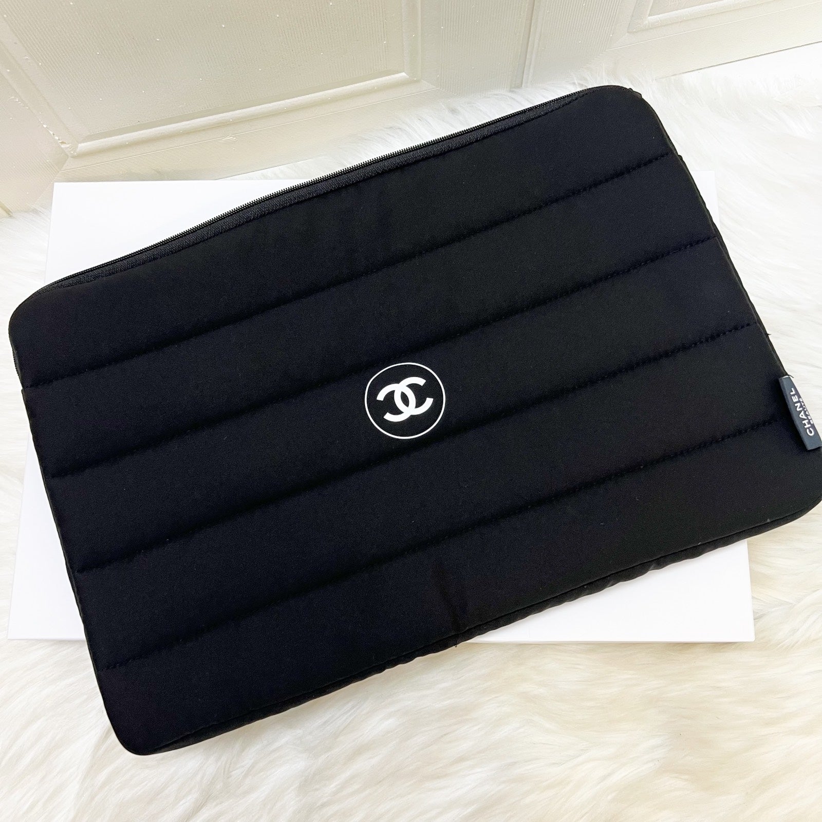 Chanel Beaute Vip Gift Laptop Sleeve With White Logo In Black Recycled Polyester Bag