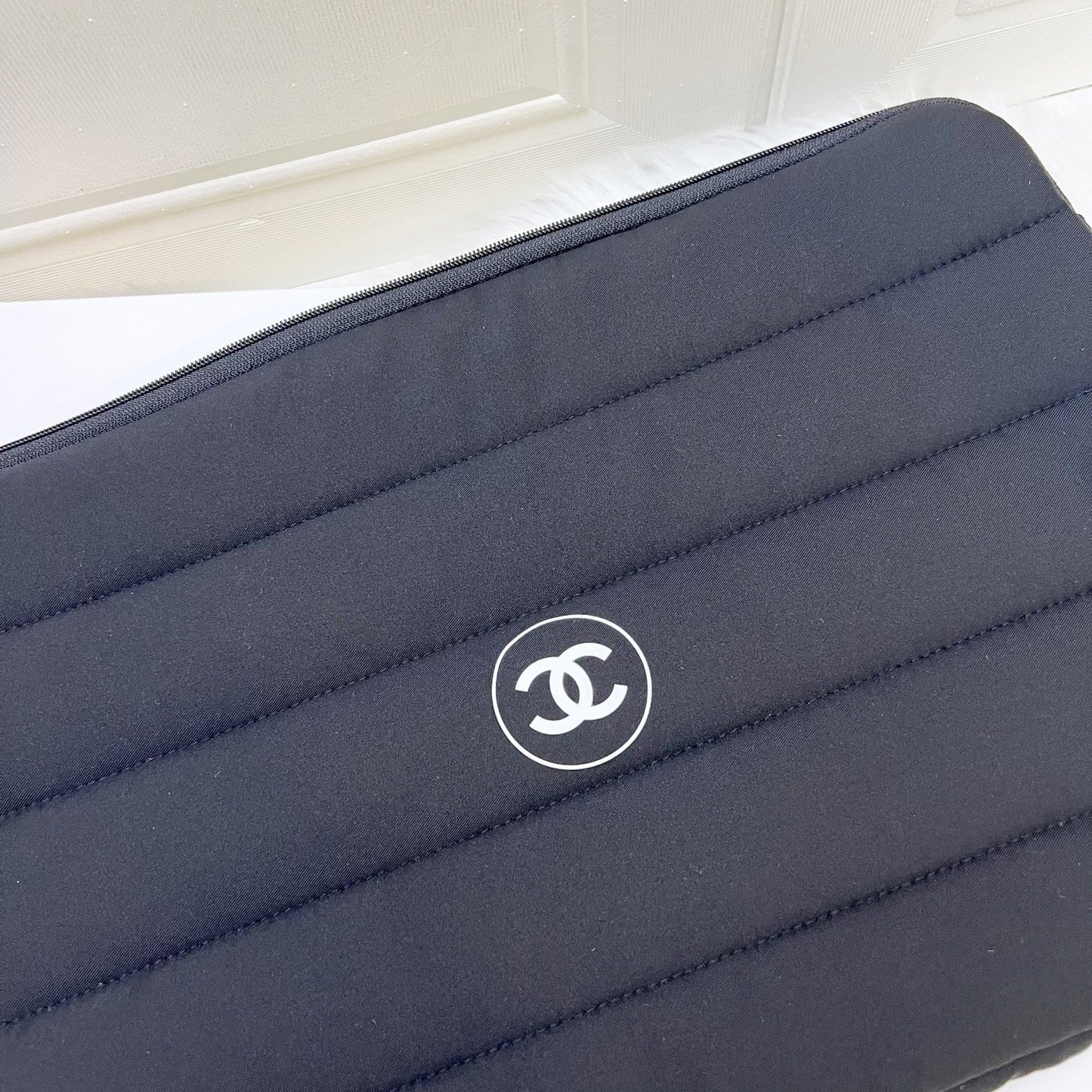 Chanel Beaute Vip Gift Laptop Sleeve With White Logo In Black Recycled Polyester Bag