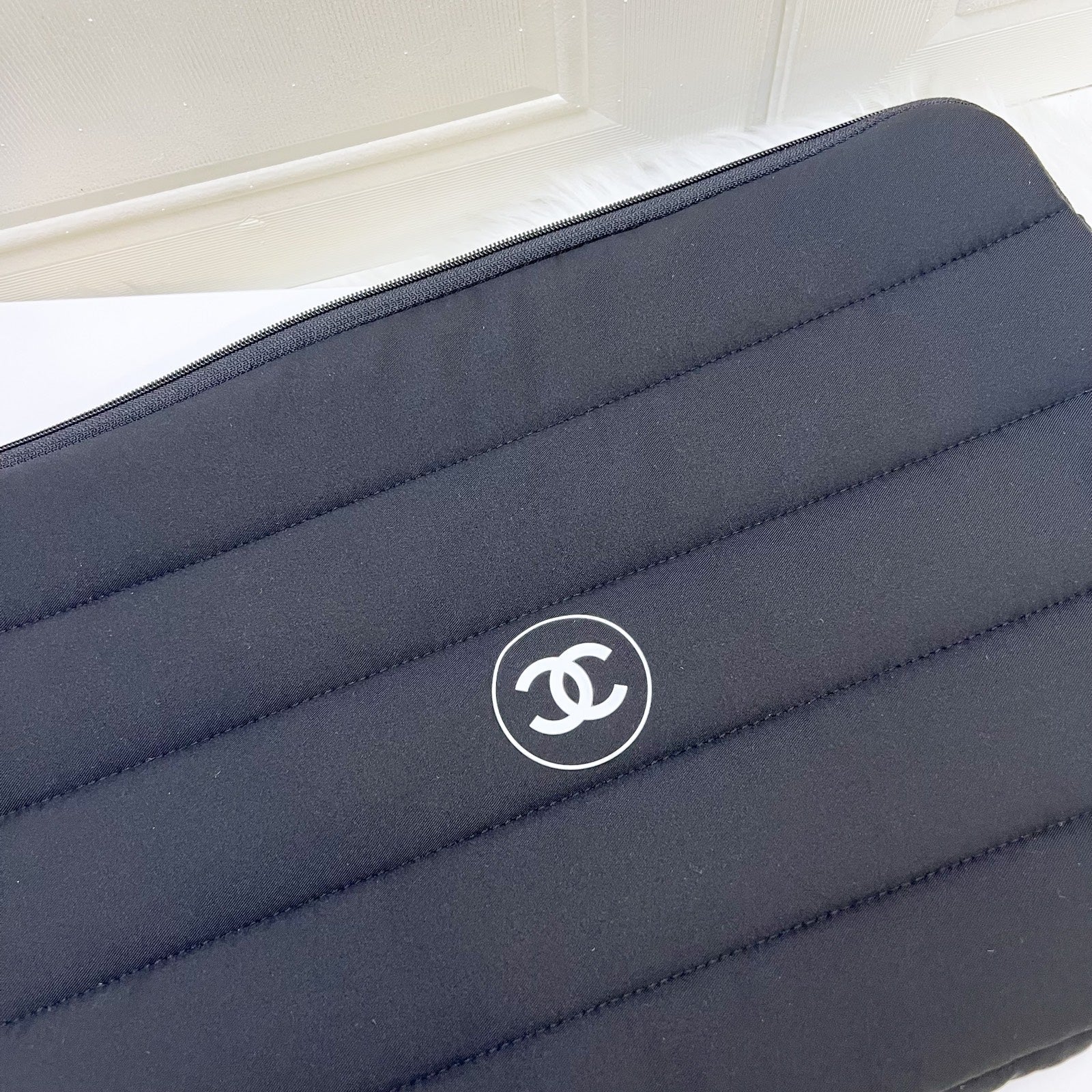 Chanel Beaute Vip Gift Laptop Sleeve With White Logo In Black Recycled Polyester Bag