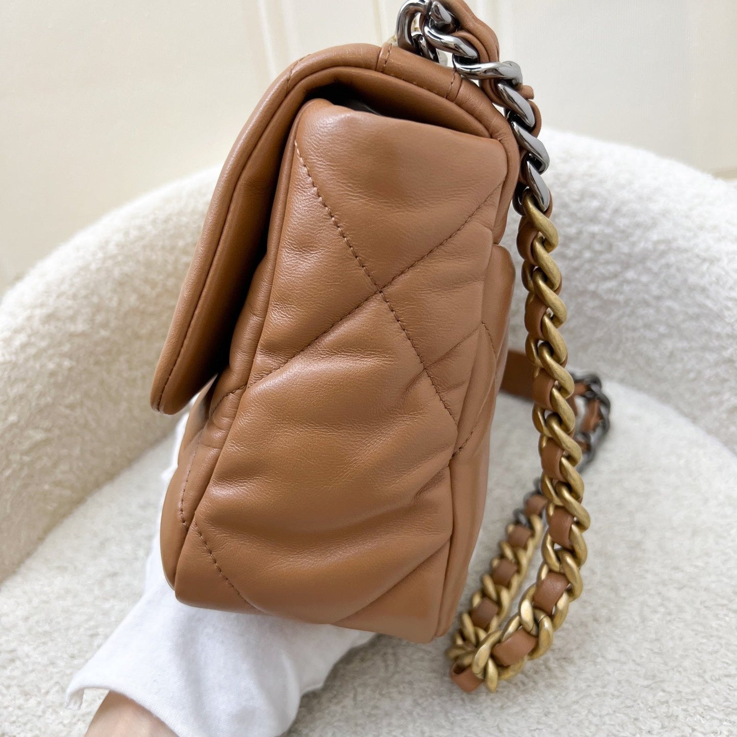 Chanel 19 Small Flap in 22S Caramel Lambskin and 3-tone HW (Model: AS1160)