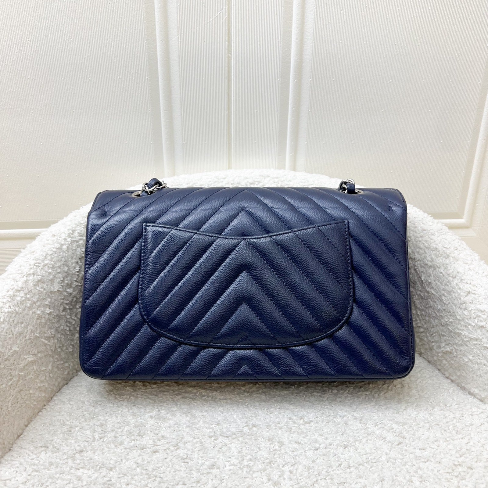 Chanel Medium Classic Flap Cf In Chevron Quilted Navy Caviar And Shw Bag