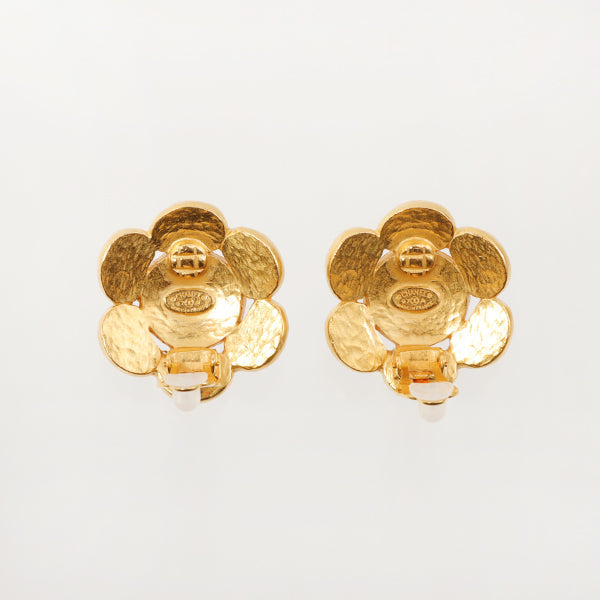 Chanel 1997 Made Cc Mark Flower Stone Earrings Brown