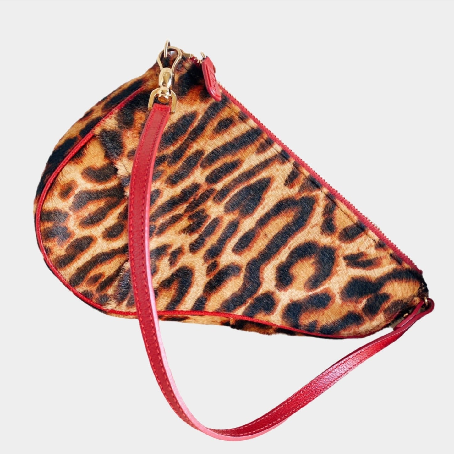 Dior Saddle Classic Leopard Print Ponyhair Calfskin Strap Leather Red Travel Bag