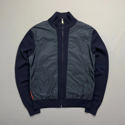 Prada Handbag Sport Wool Knit -Through Cardigan Jumper Nylon Navy Zip
