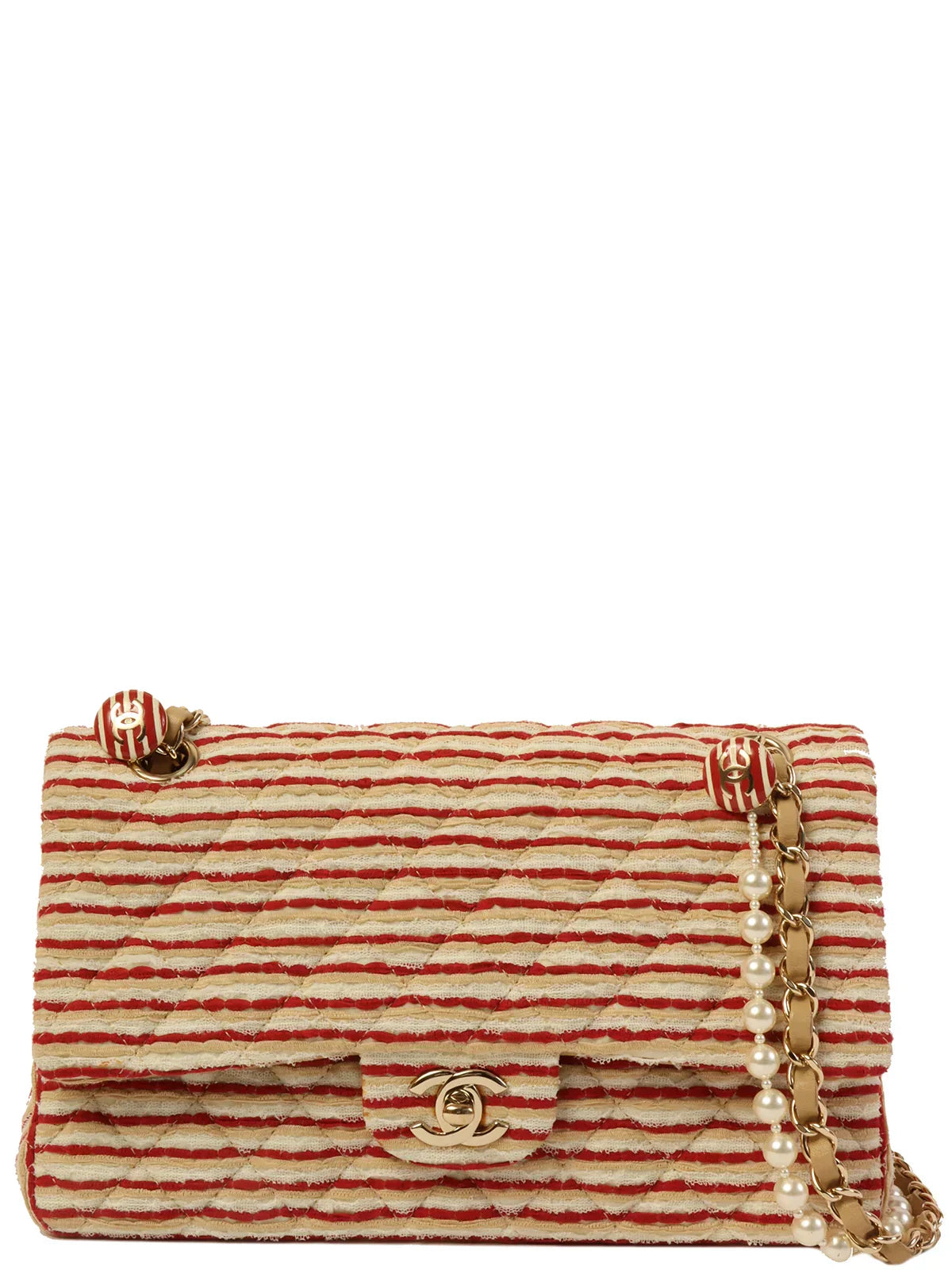 Chanel Around  Made Cotton Striped Classic New Chain Bag Beige/Red/White