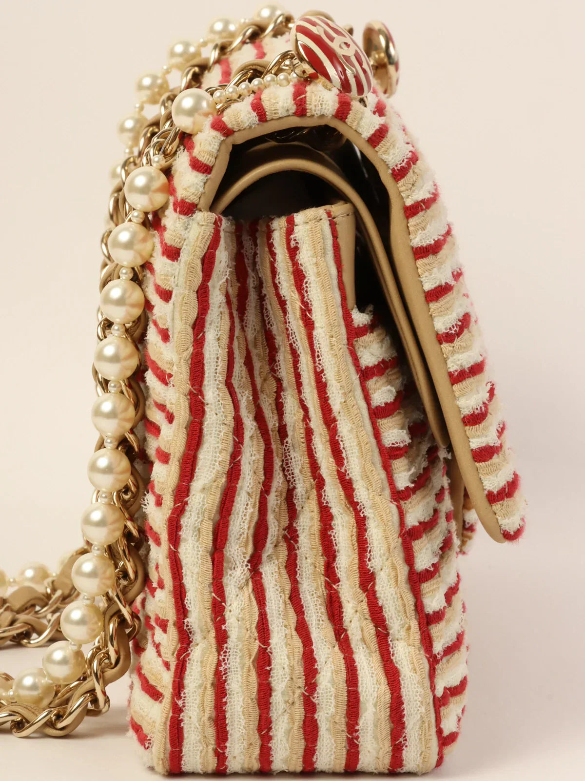 Chanel Around  Made Cotton Striped Classic New Chain Bag Beige/Red/White