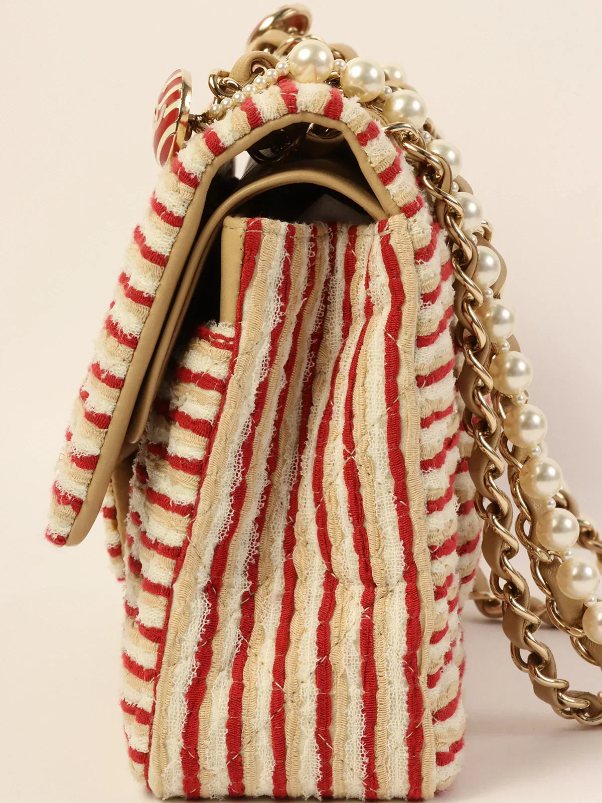 Chanel Around  Made Cotton Striped Classic New Chain Bag Beige/Red/White