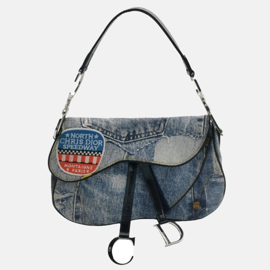 Dior Speedway Print Double Saddle Handbag Denim Travel Bag