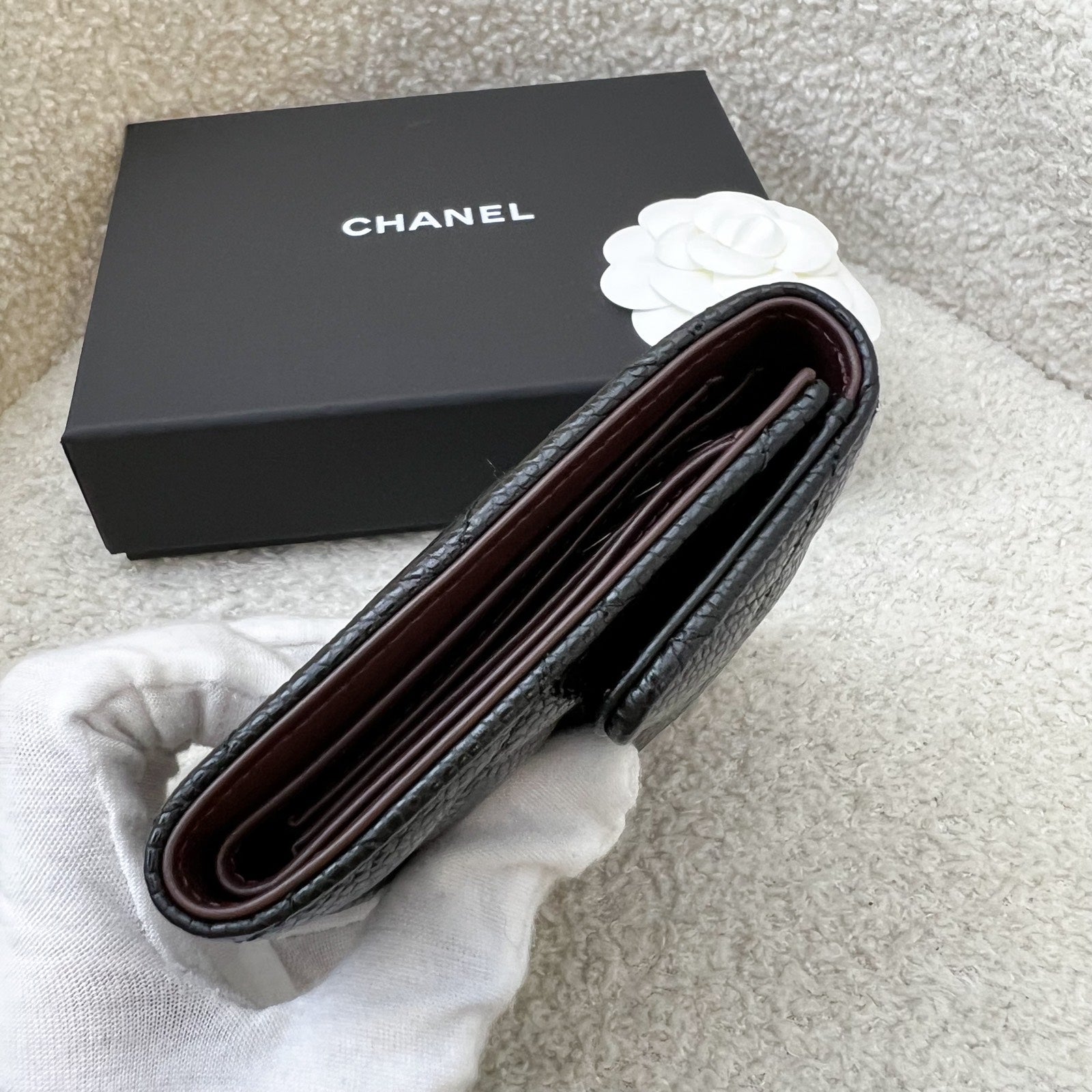 Chanel Classic Trifold Compact Wallet in Black Caviar and Lghw Handbag