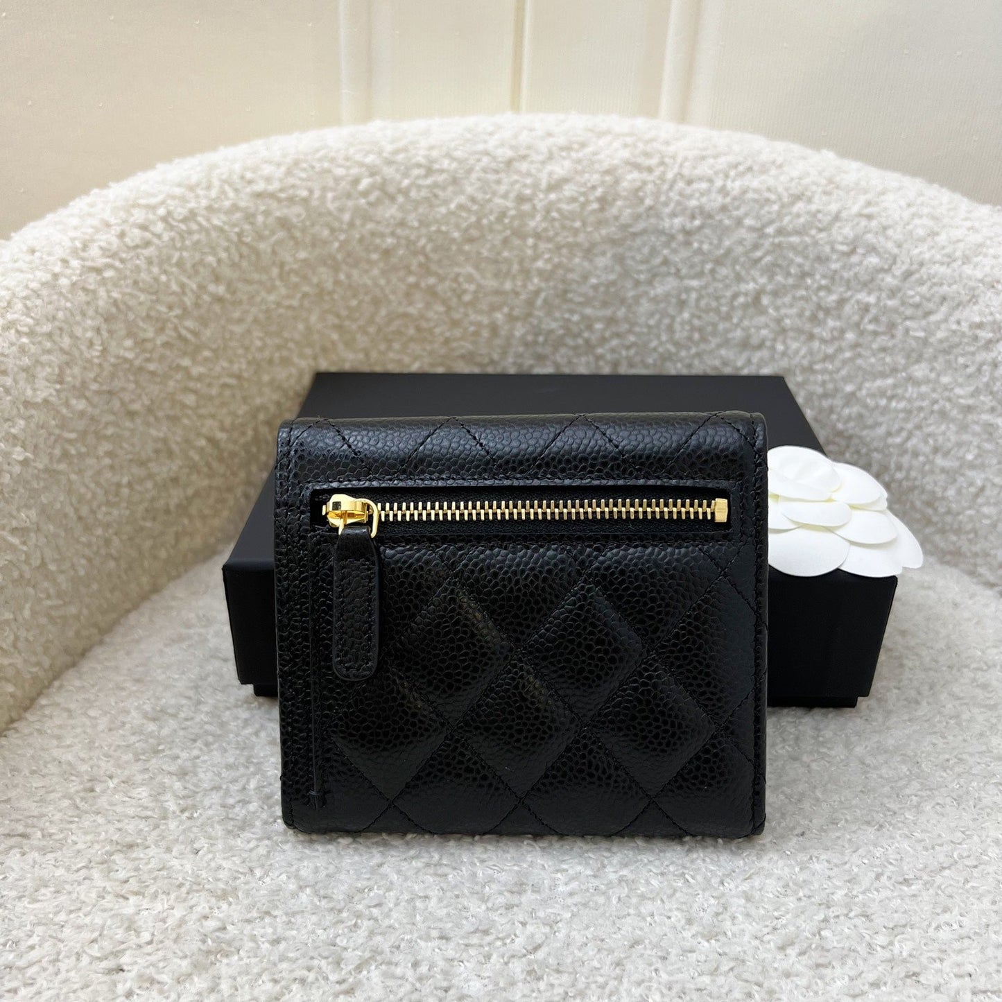Chanel Classic Trifold Compact Wallet in Black Caviar and Lghw Handbag