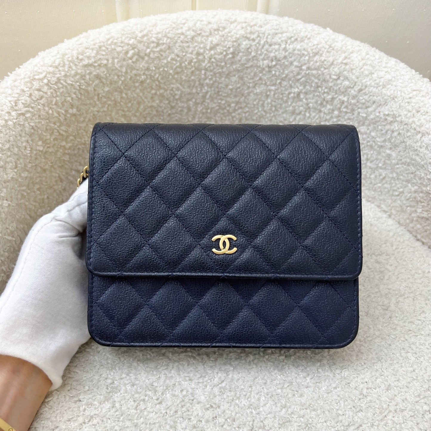 Chanel Square Wallet On Chain Woc In Navy Embossed Calfskin And Aghw ( ) Bag