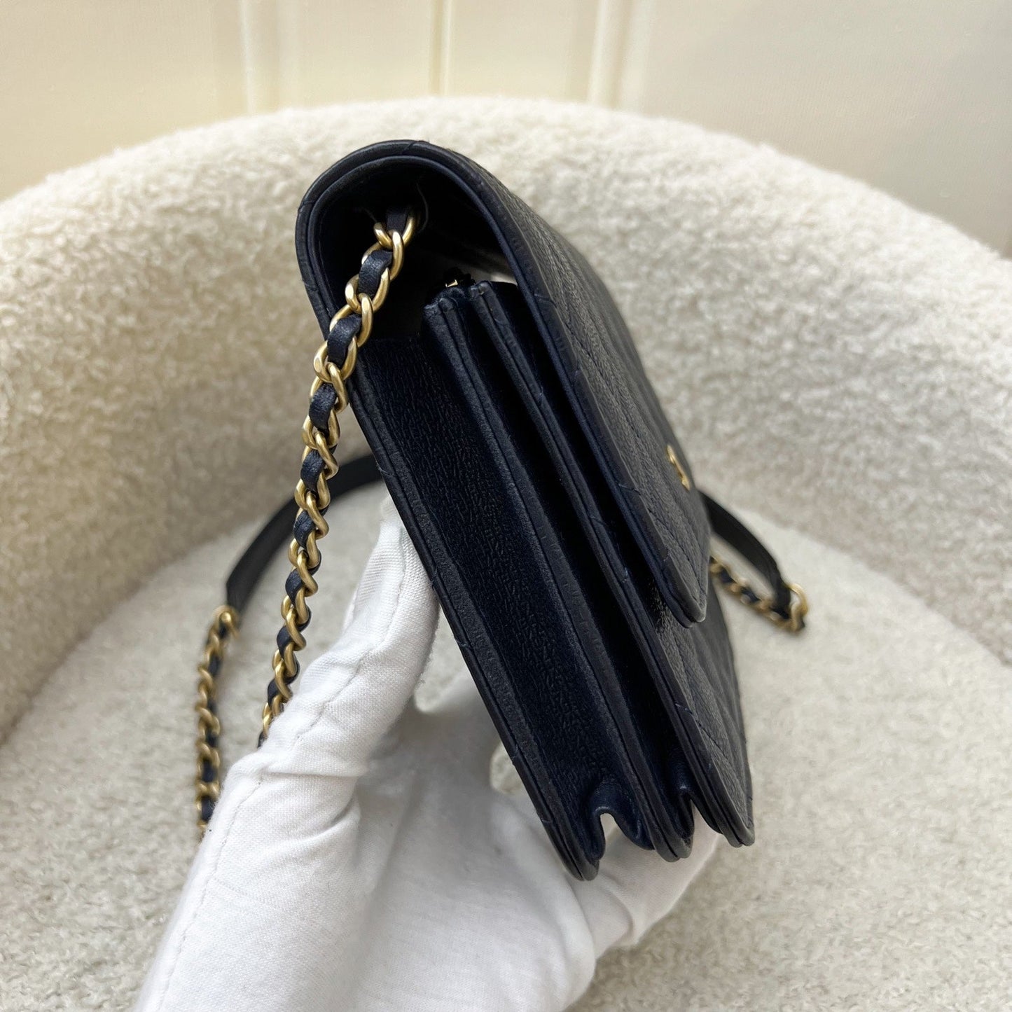 Chanel Square Wallet on Chain WOC in Navy Embossed Calfskin and AGHW (Model: A84310)