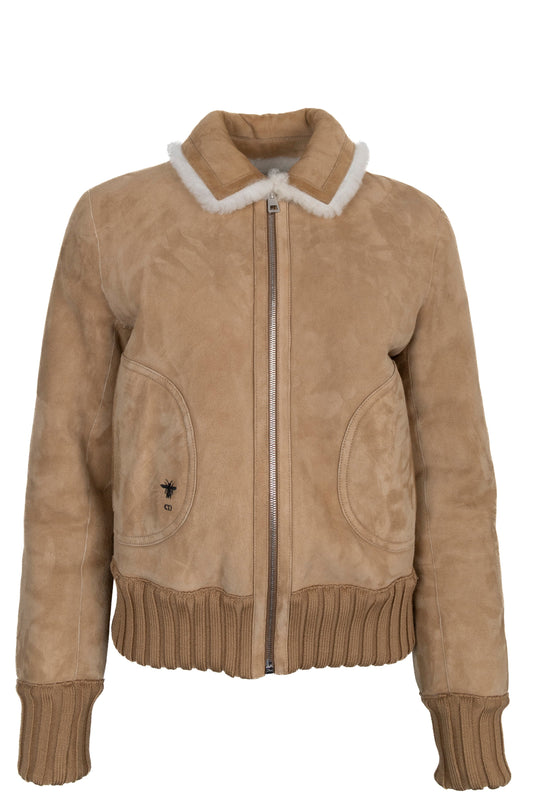 Dior Reversible Shearling Bomber Jacket Suede Beige Zip Handbag