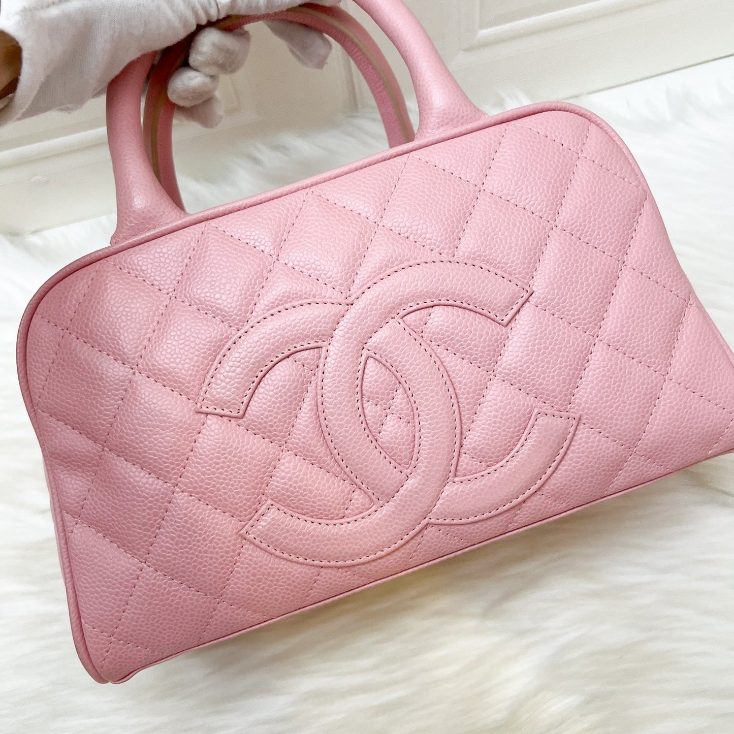 Chanel   Mini Boston Bowling Bag in Pink Caviar and Gold HW