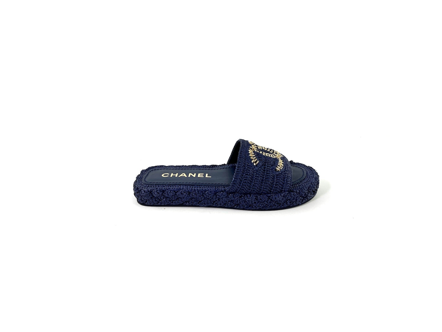 Chanel 2021 Raffia Navy CC Logo Slip on Espadrille Sandals 38 7.5 for Women