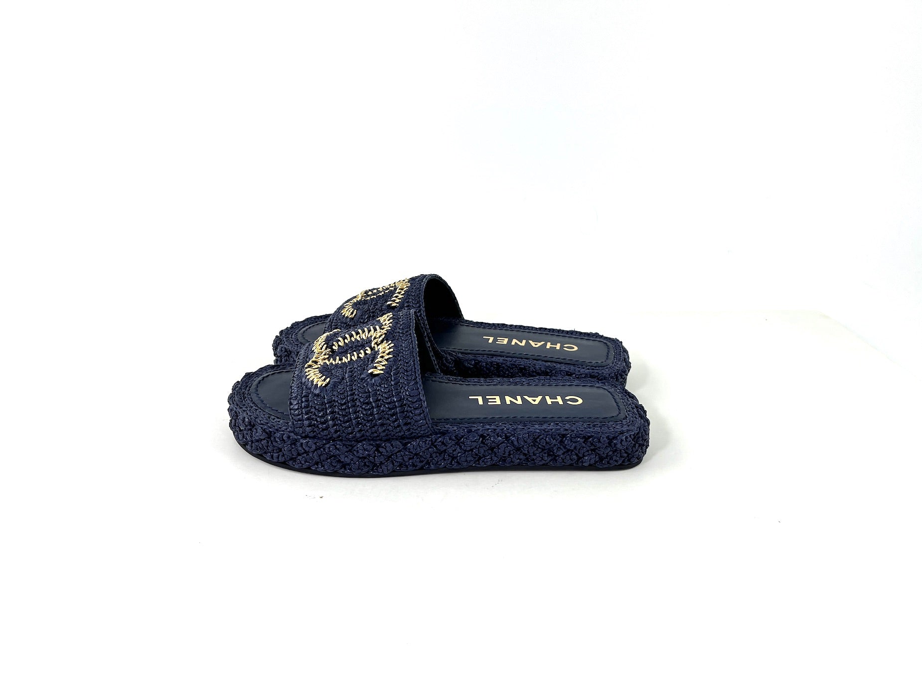 Chanel Raffia Navy Cc Logo Slip On Espadrille Sandals 38 7.5