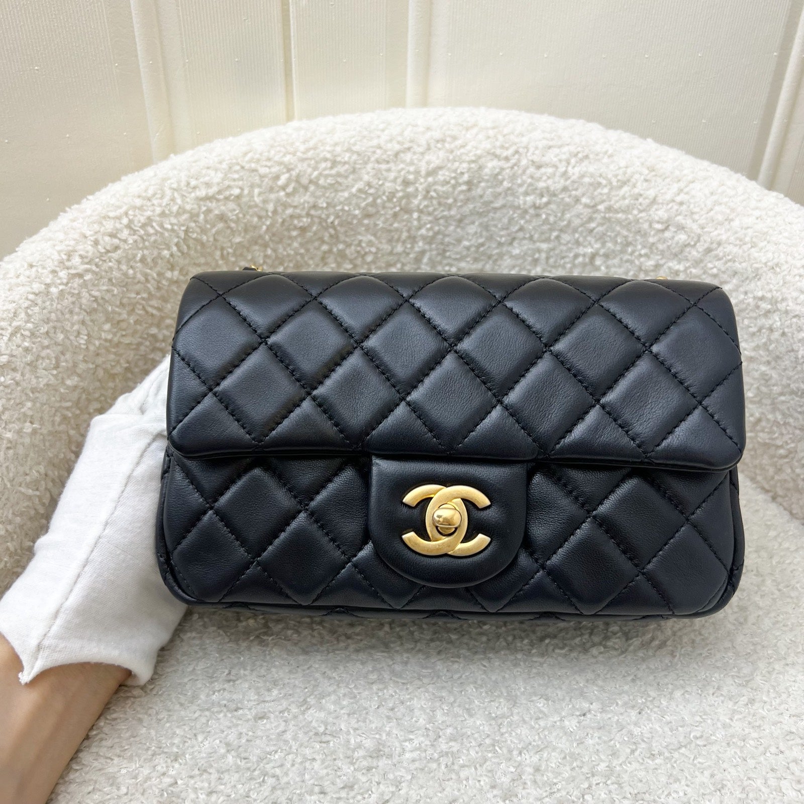 Chanel Pearl Crush Mini Rectangular Flap in Black Lambskin and Aghw Handbag