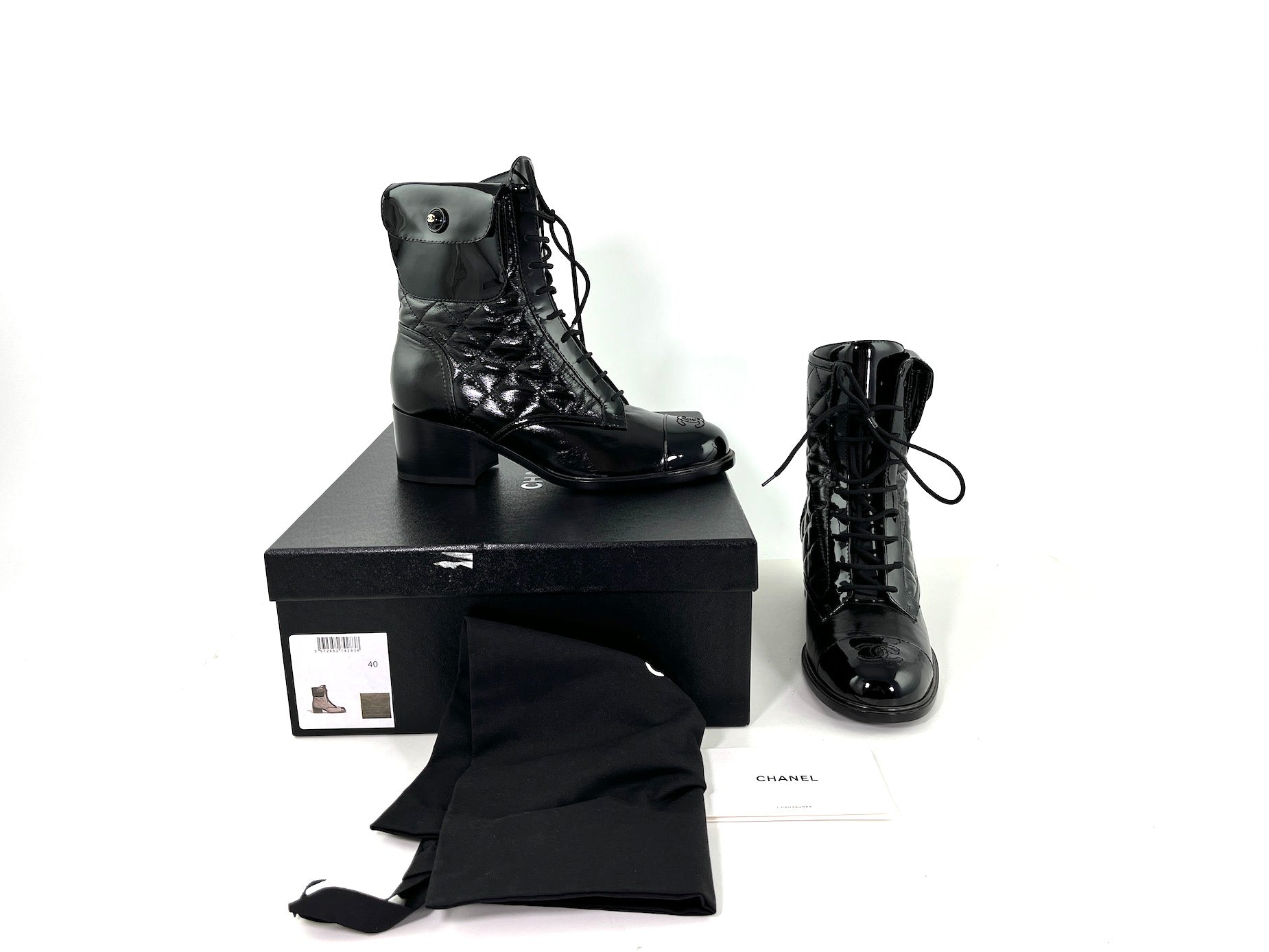 Chanel New Black Quilted Leather Cc Logo Combat Boots 40 9.5