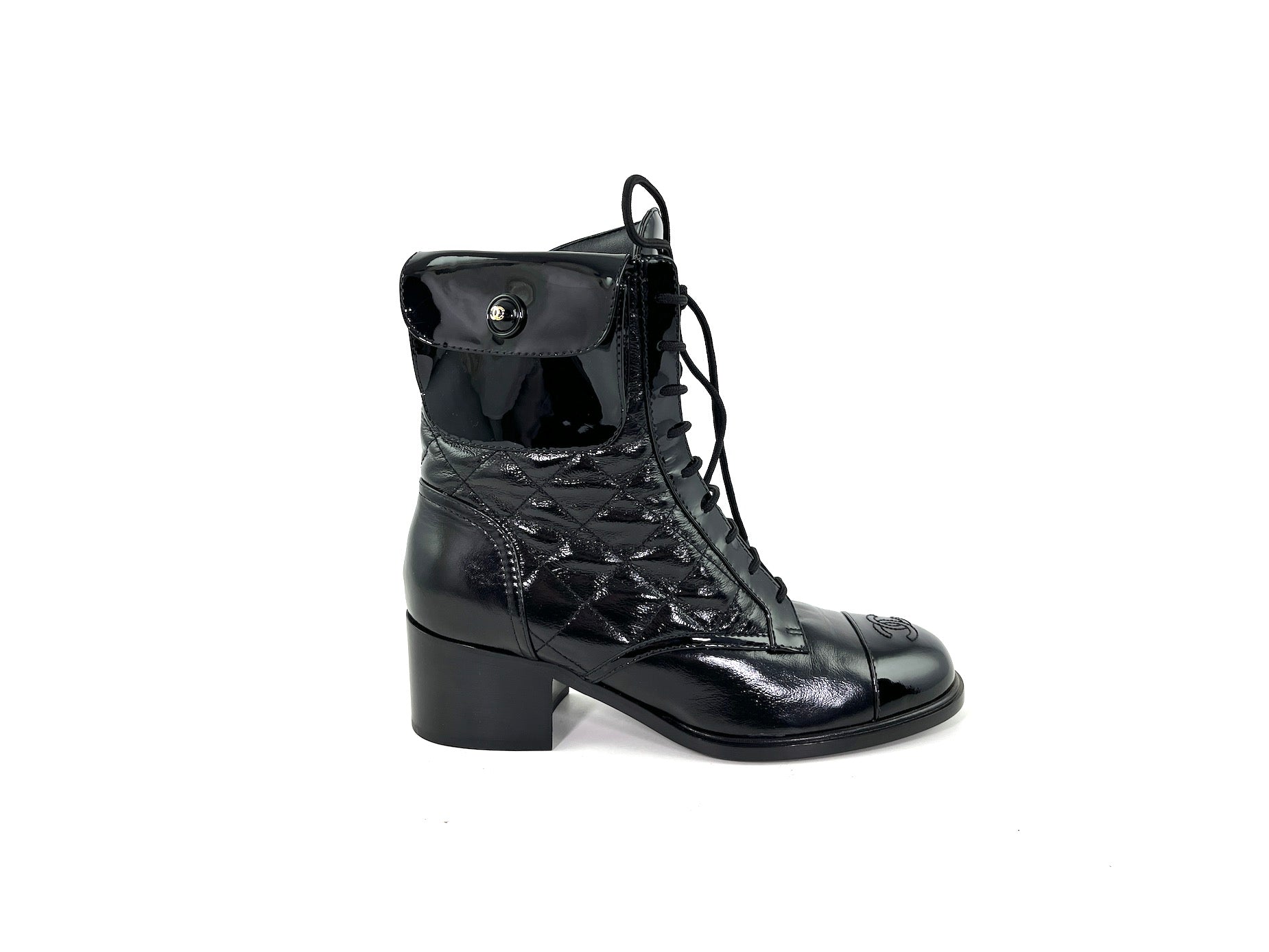 Chanel New Black Quilted Leather Cc Logo Combat Boots 40 9.5