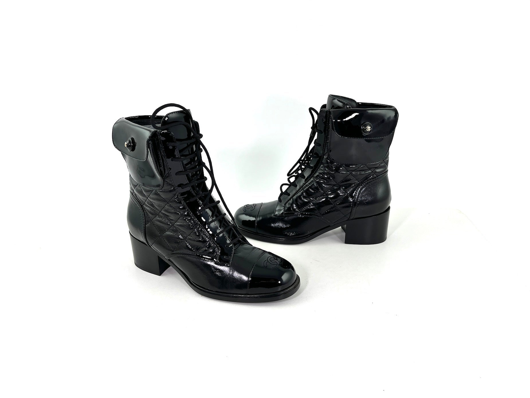 Chanel New Black Quilted Leather Cc Logo Combat Boots 40 9.5