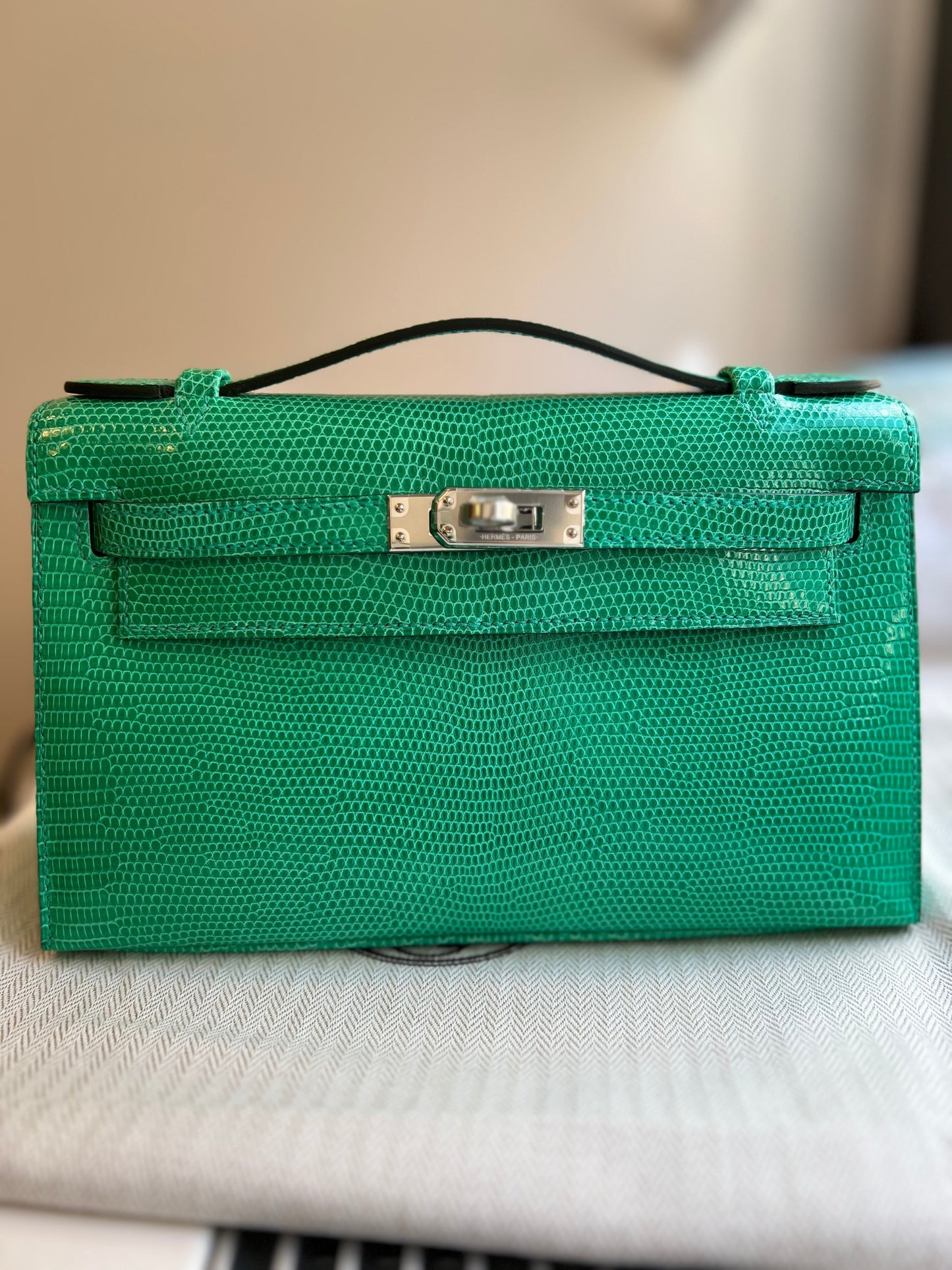 Hermes Kelly Pochette Menthe Lizard Palladium Hardware Handbag Travel Bag