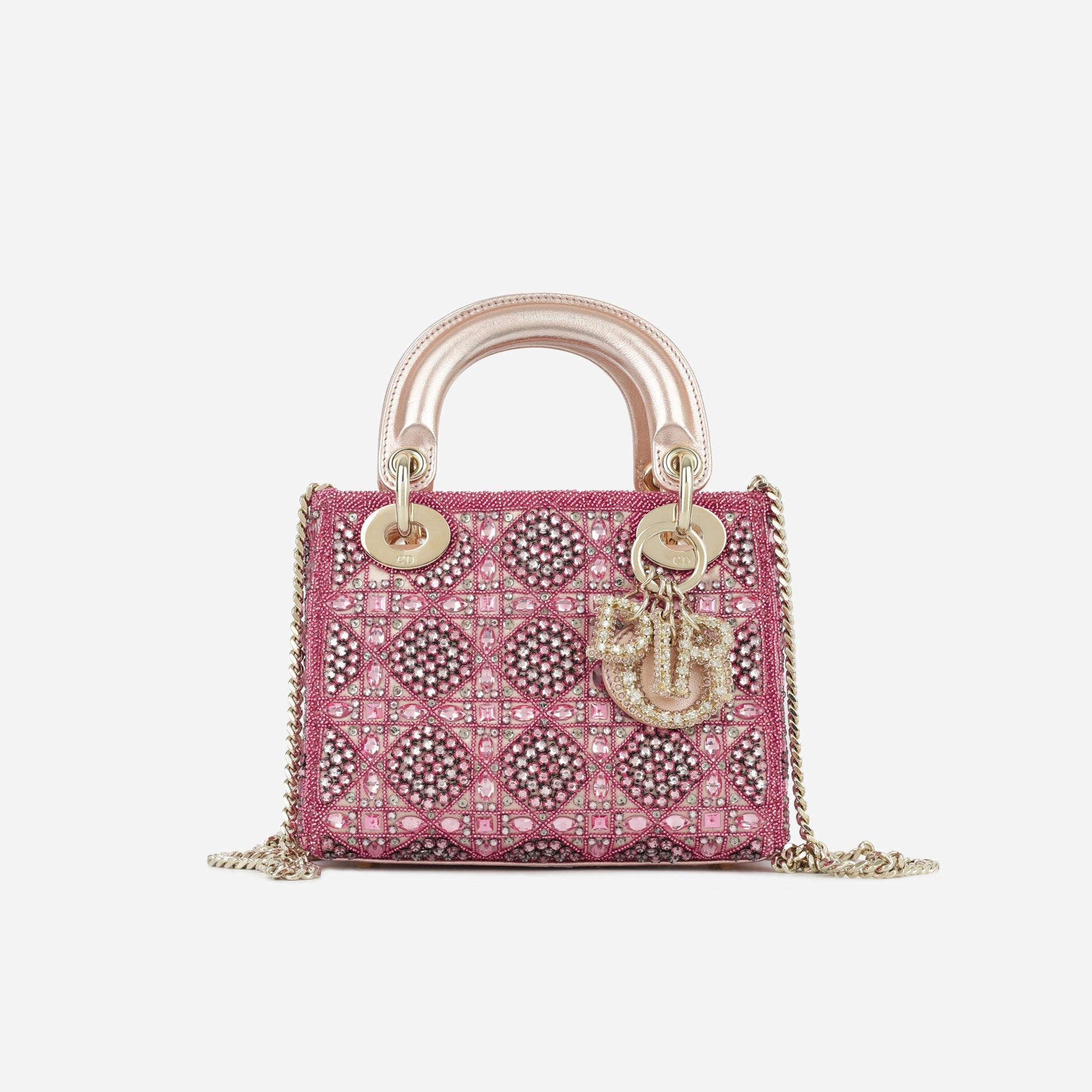 Dior Christian Lady Crystal Beaded Crossbody Bag Pink Mini