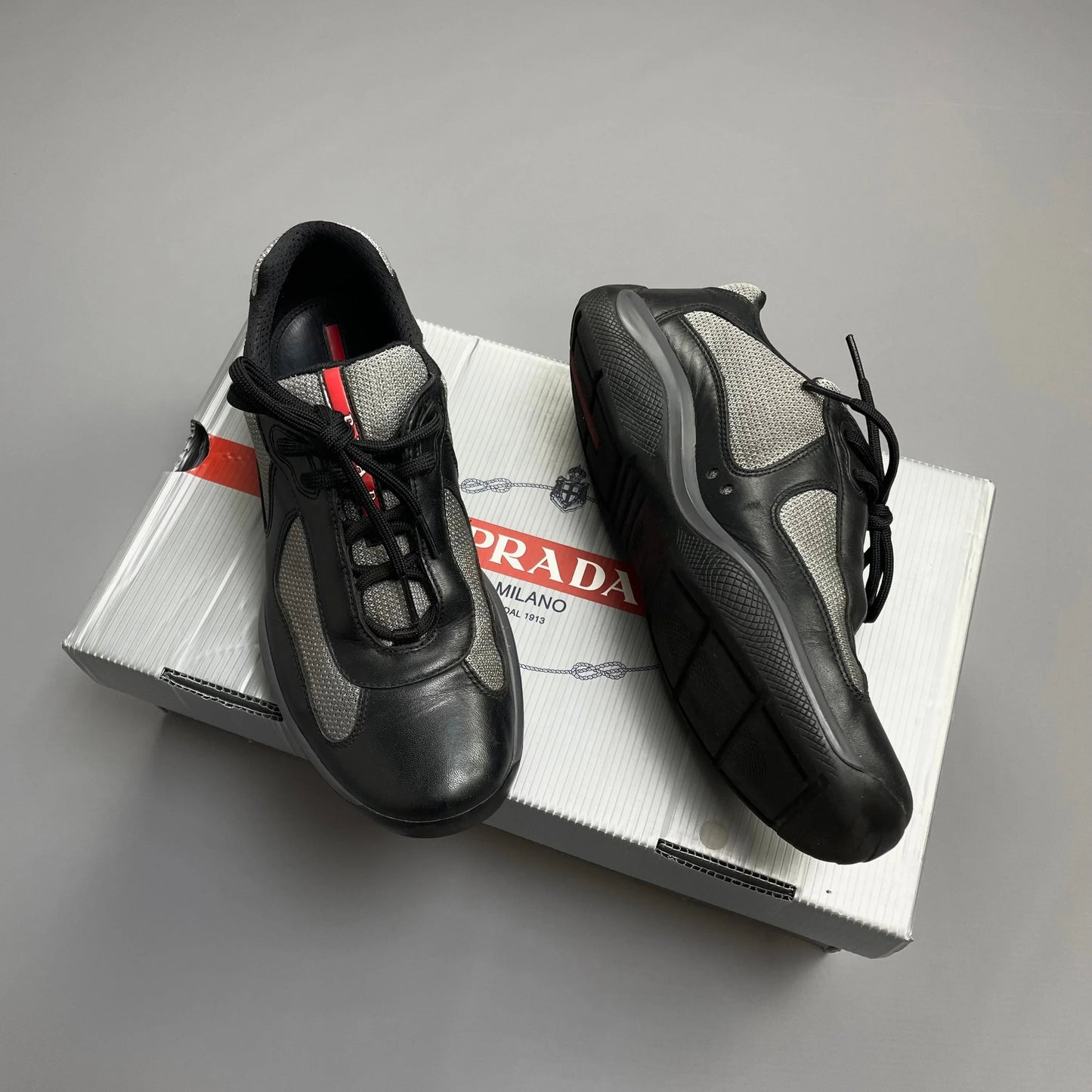 Prada Shoe Americas Cup & Steel Grey Mesh Trainers Black Gray Shoes