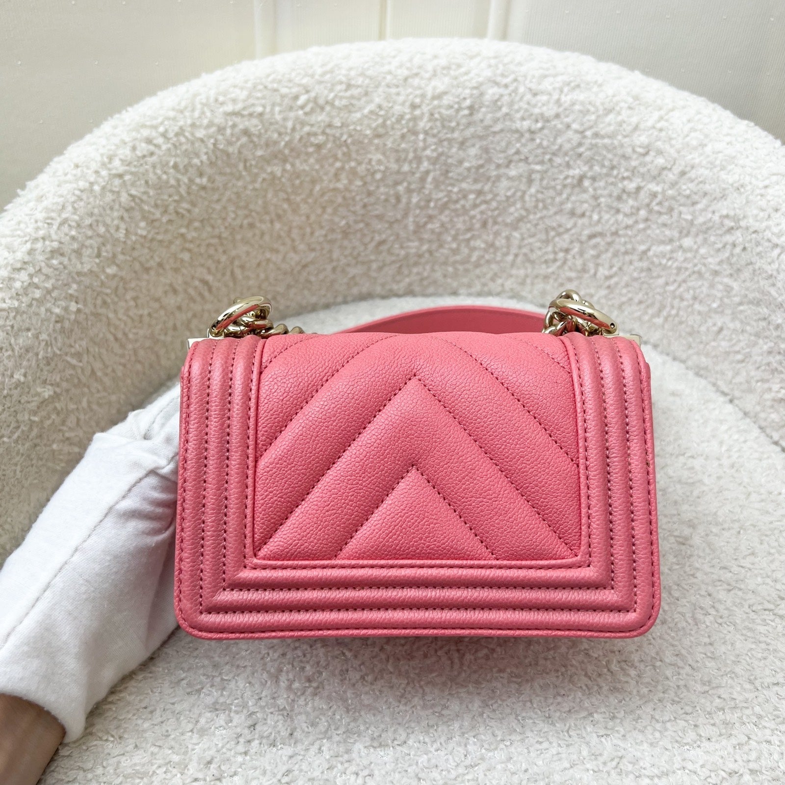 Chanel 22S Micro Boy in Chevron Coral Pink Caviar and Shiny Ghw ( ) Handbag