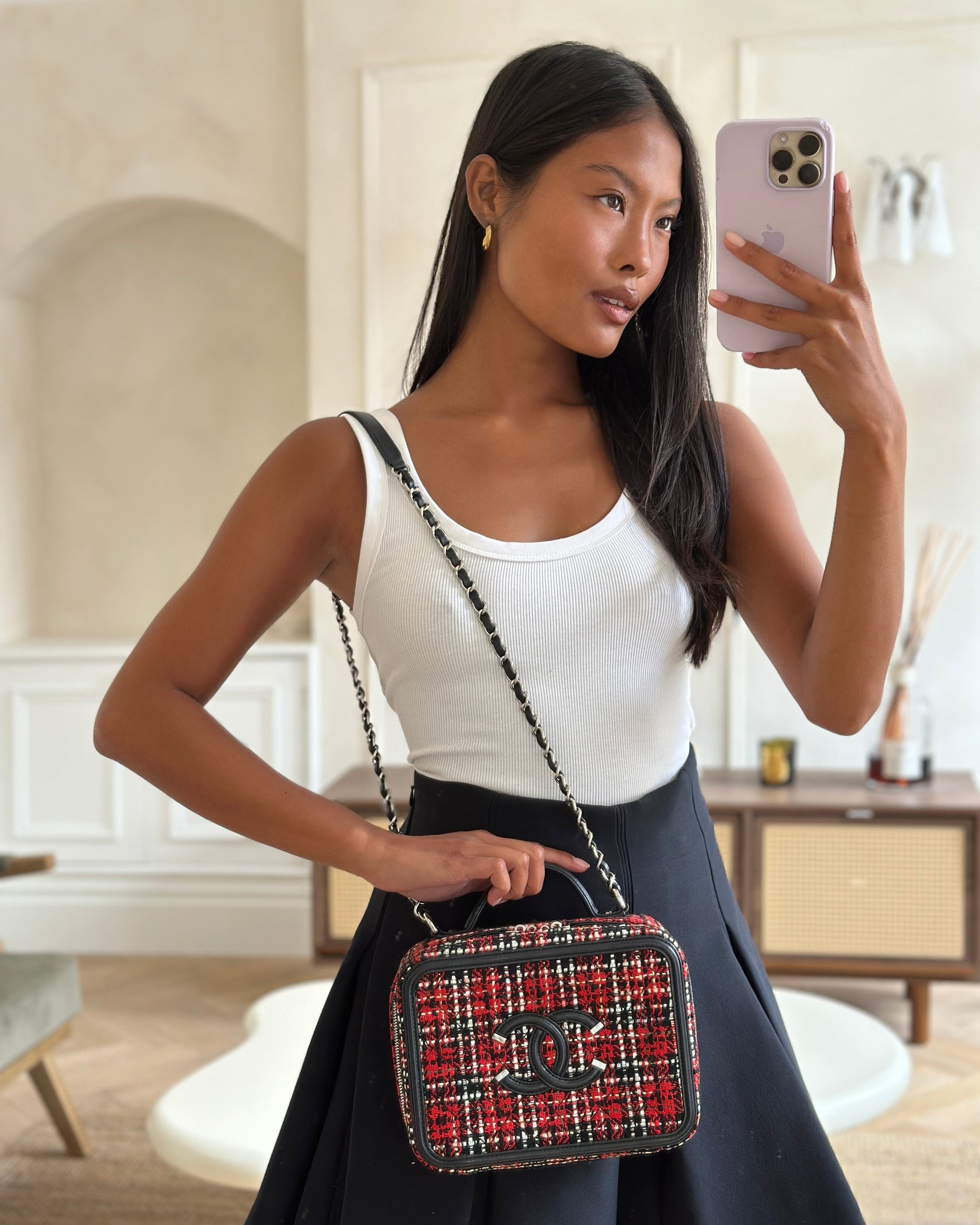 Chanel Black And Red Medium Cc Filigree Vanity Case Bag In Tweed With Silver Hardware And Chain Detail