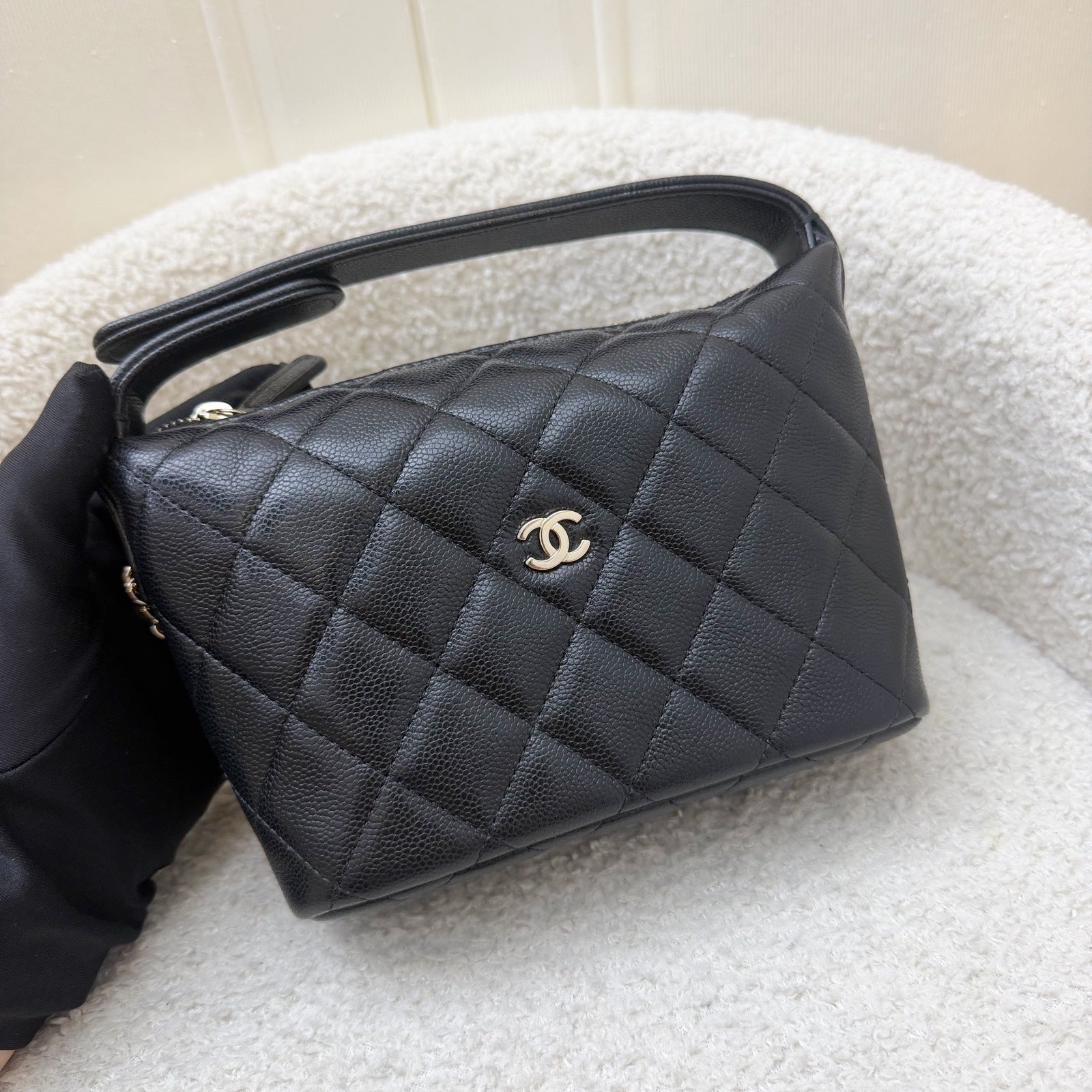 Chanel Classic Quilted Hobo Clutch on Chain in Black Caviar and Lghw ( )