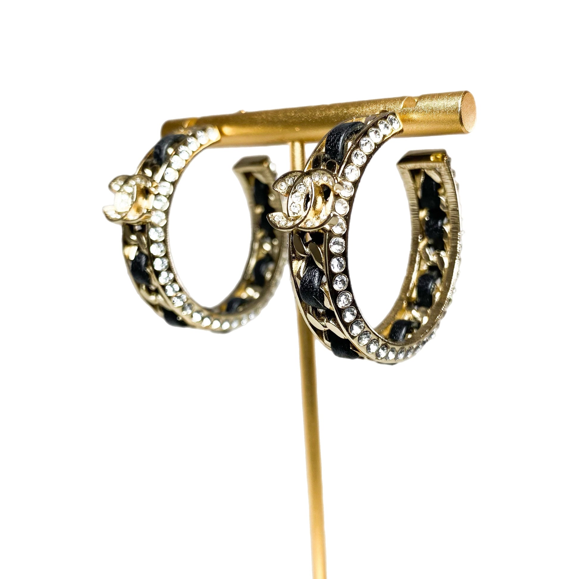 Chanel Gold Black Crystal CC Chain Hoop Earrings