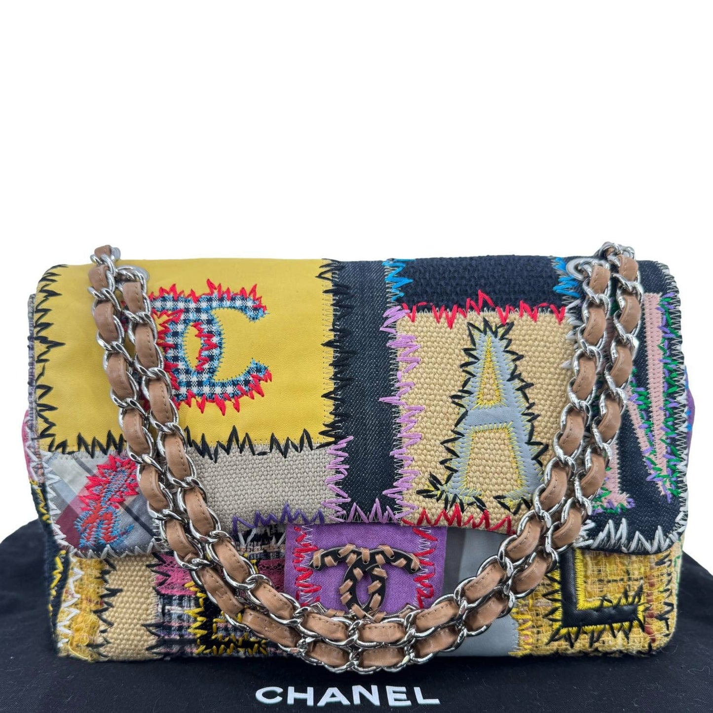 Chanel Single Flap Jumbo Patchwork Tweed Multicolor Travel Bag