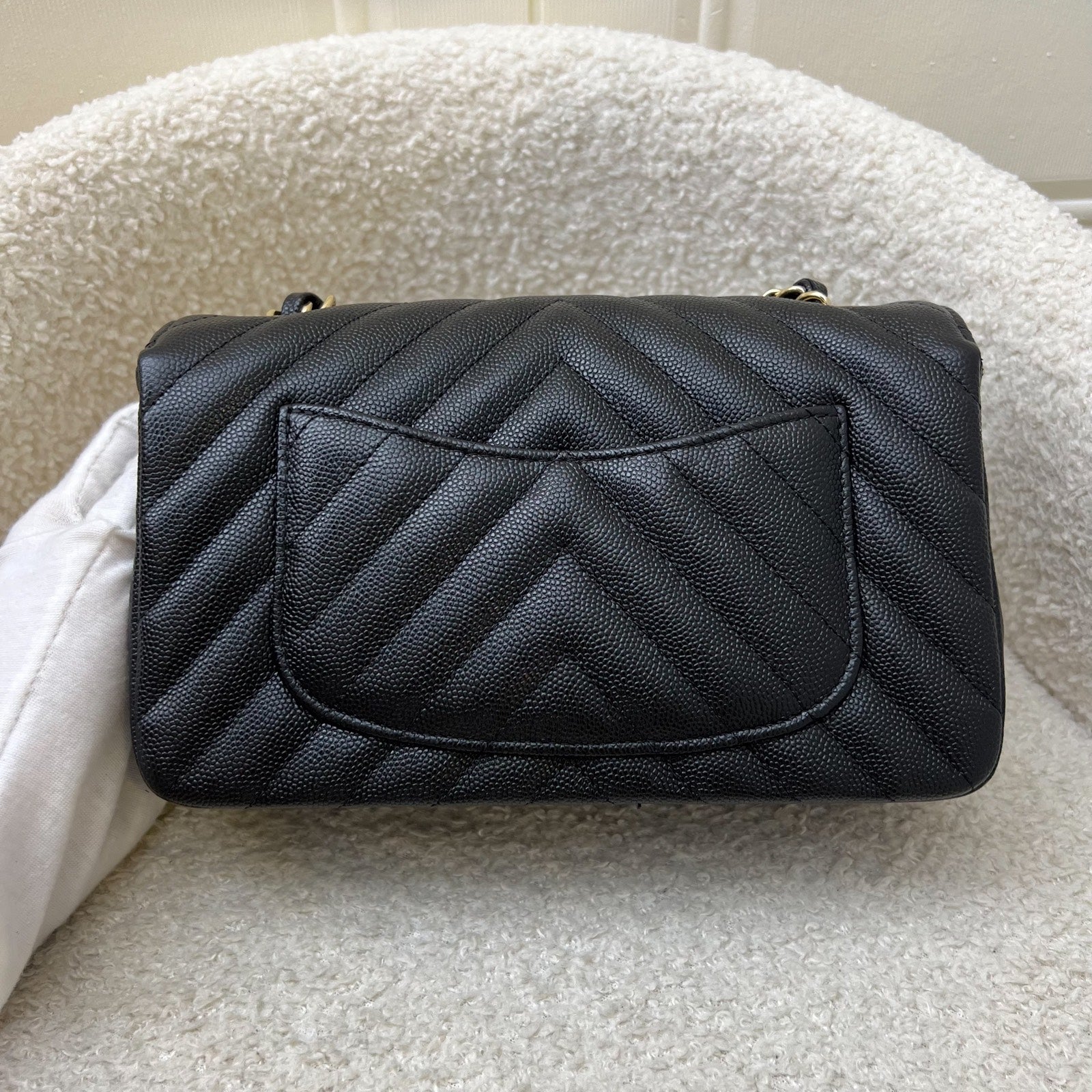 Chanel Classic Mini Rectangle Flap In Chevron Quilted Black Caviar And Lghw Bag