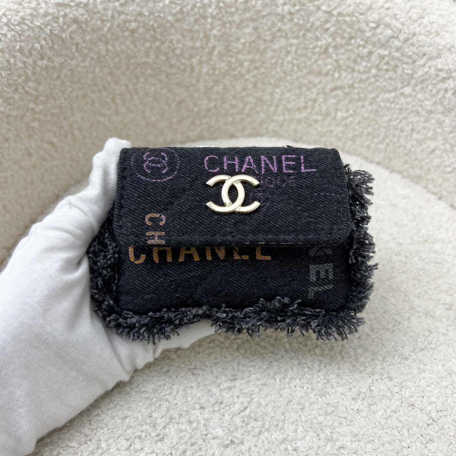 Chanel 22P Waist Bag / Clutch on Chain in Black Printed Denim and Ghw