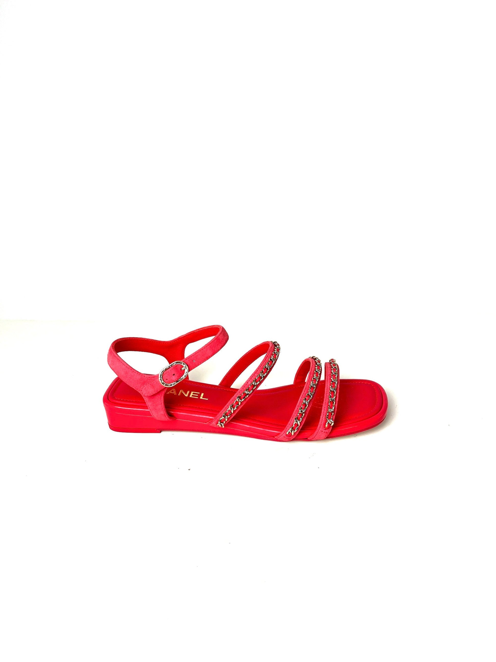 Chanel New Chain Suede Leather 23P Pink Wedge Sandals 38 7.5 for Women