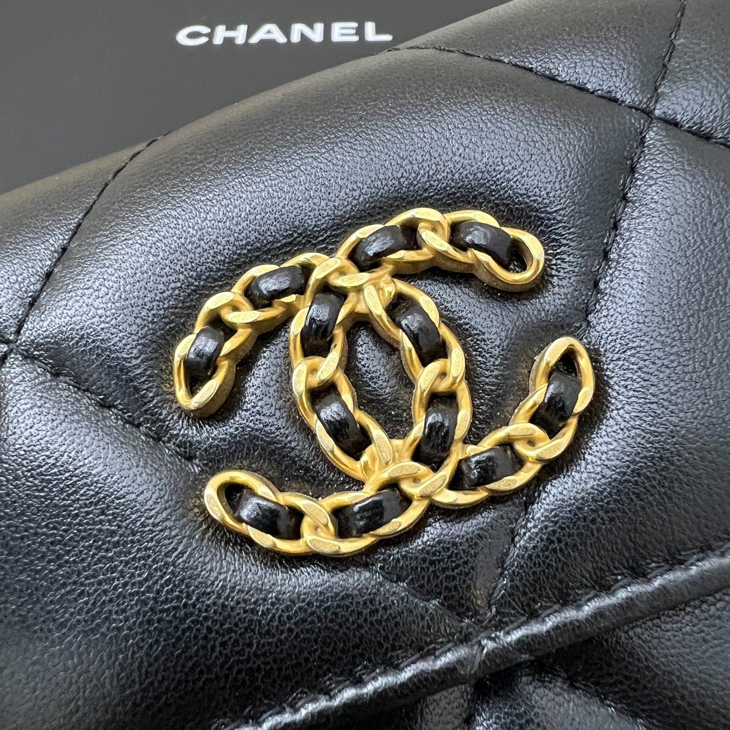 Chanel 19 Compact Trifold Wallet in Black Lambskin and Aghw Handbag