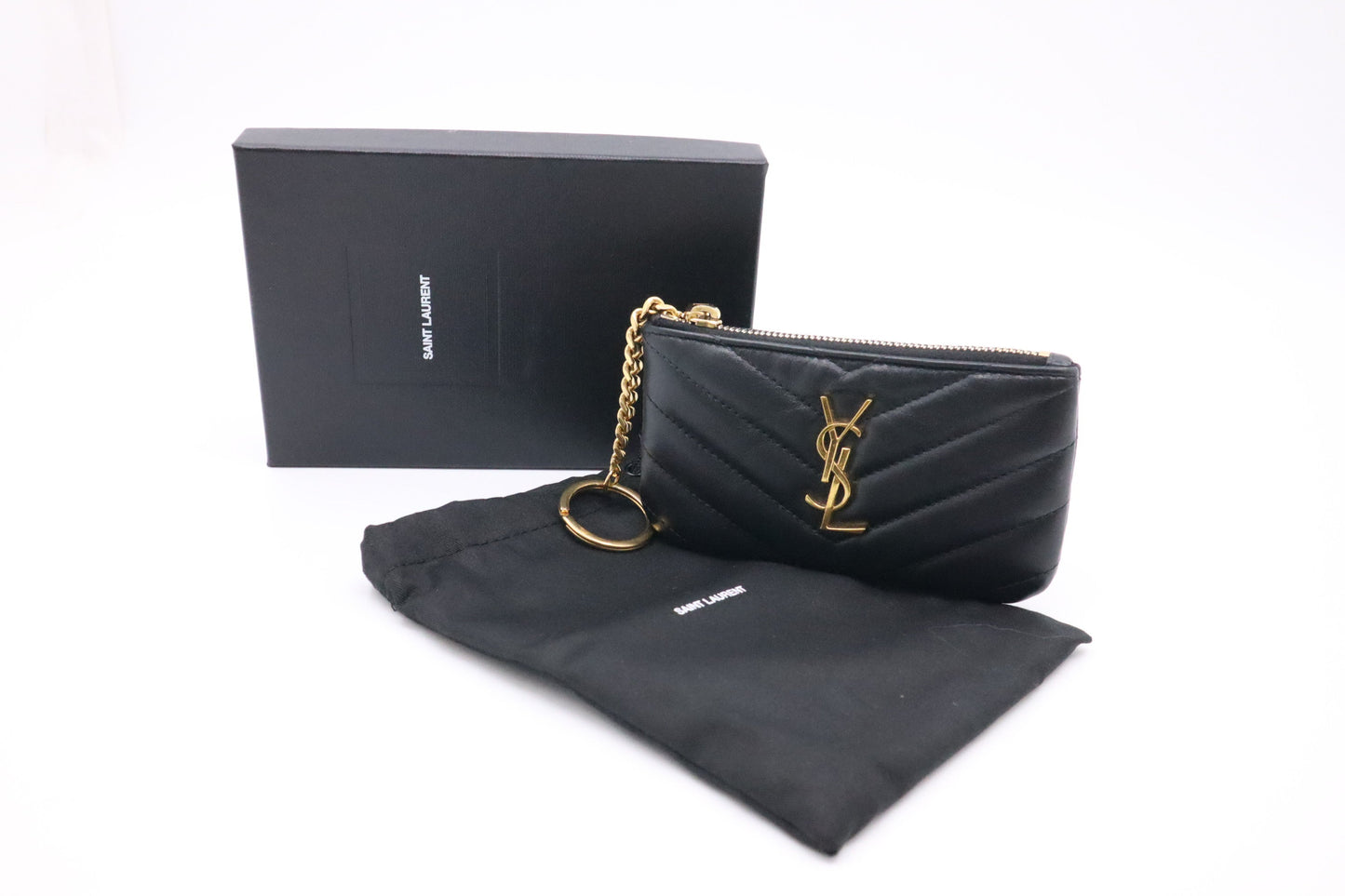 YSL Saint Laurent Coin Case In Chevron Travel Bag Leather Black