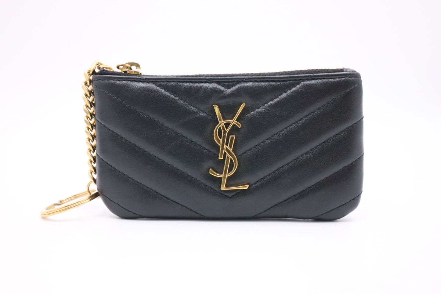 YSL Saint Laurent Coin Case In Chevron Travel Bag Leather Black