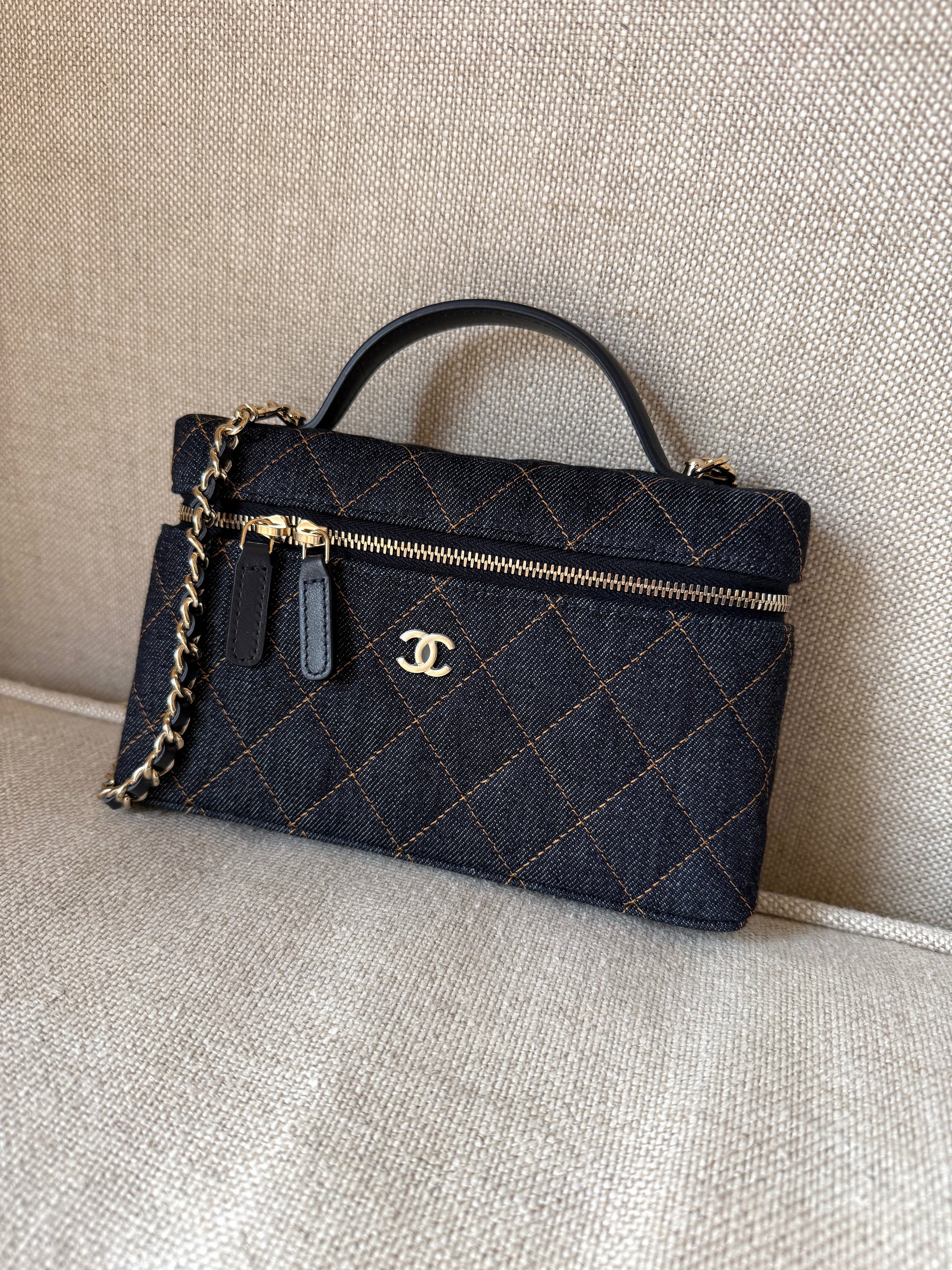 Chanel Long Classic Vanity Dark Denim Quilted Zip Top Handle Crossbody With Chain Bag New