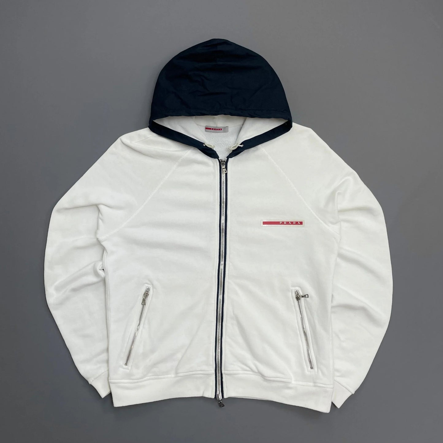 Prada Handbag Sport Hood Cotton -Through Hoodie White Navy Zip