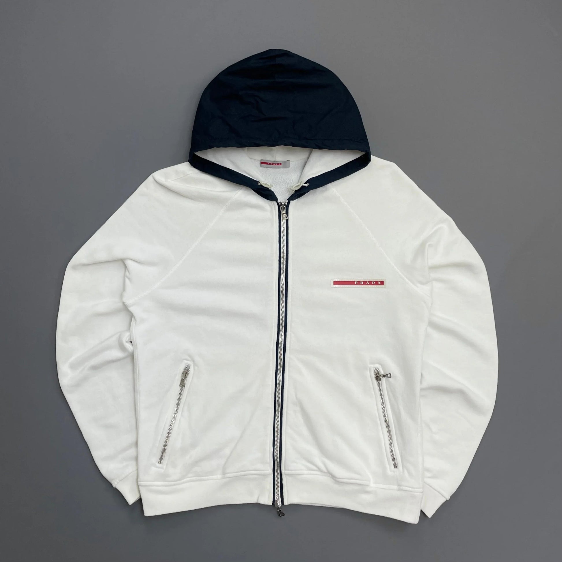 Prada Handbag Sport Hood Cotton -Through Hoodie White Navy Zip