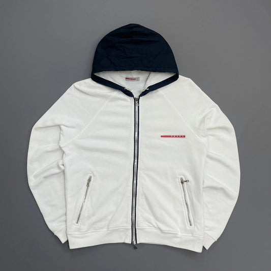 Prada Handbag Sport Hood Cotton -Through Hoodie White Navy Zip