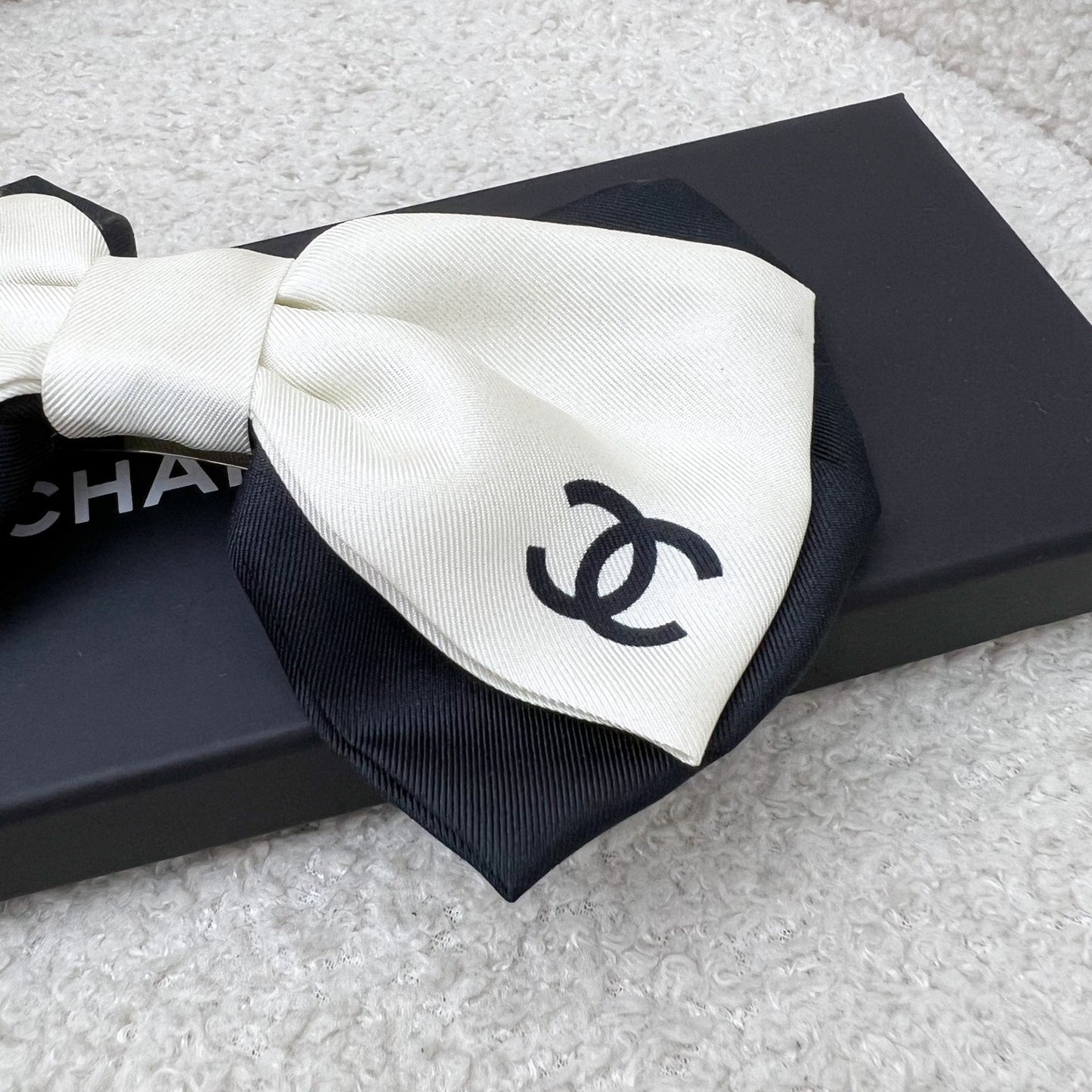Chanel 23B Bow Barrette Hair Clip in Black and Off White Fabric Handbag