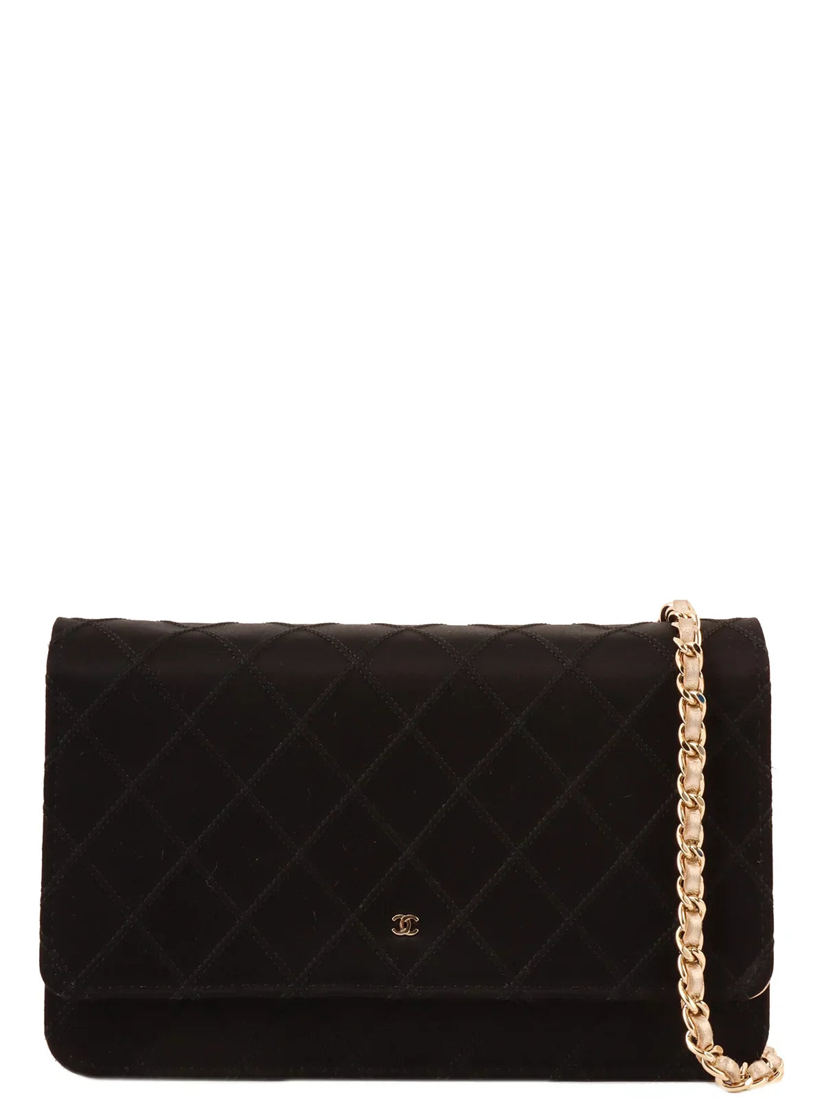 Chanel Around  Made Silk Satin Mini Cc Mark Plate Wallet On Chain Black/Champagne Gold