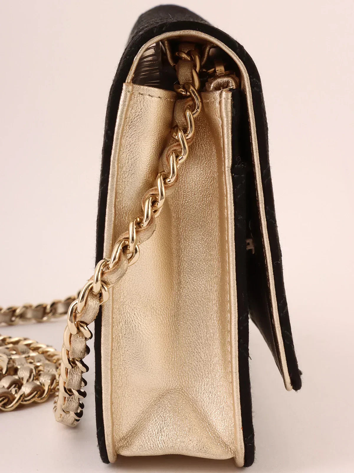 Chanel Around  Made Silk Satin Mini Cc Mark Plate Wallet On Chain Black/Champagne Gold